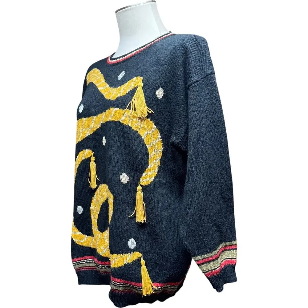 Sue Brett Collection Vintage Tassel Sweater Black Red Gold Silver Medium